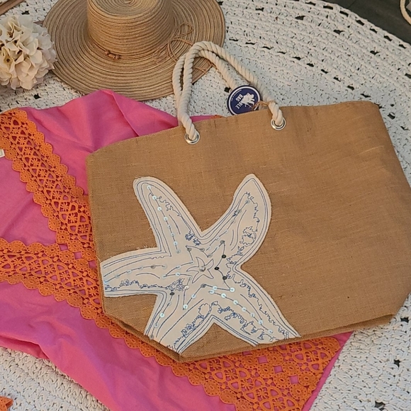 SALE NWOT LG BLUE WHITE STARFISH BEACH BURLAP BAG - Picture 15 of 16